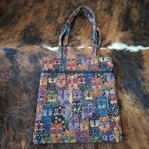 Laurel Burch Tapestry Tote Shoulder Bag Purse Cat  Print Zipper Closure